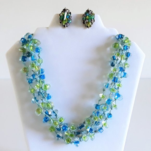 Vintage Blue and Green Beaded Necklace & Clip Earrings - Picture 1 of 7